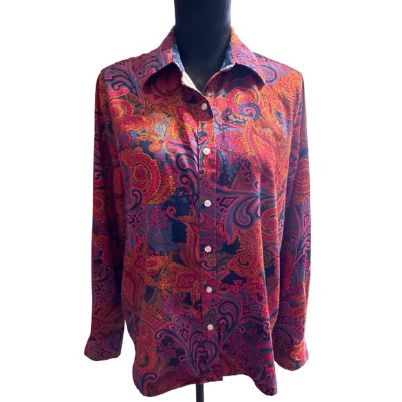 Ruby Rd. Tops - Vintage Paisley Button-Up Shirt With Vibrant Pink & Blue Design Long Sleeves Col